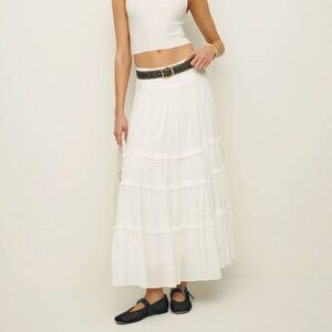 Reformation Evelina tiered midi skirt in ivory cotton, size 0